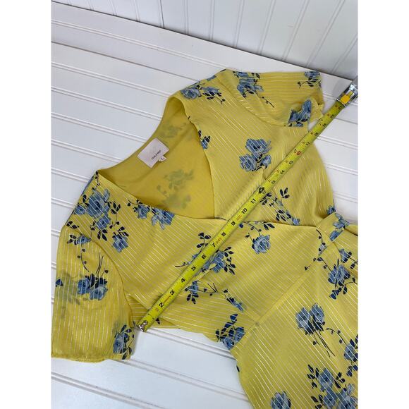 Cinq À Sept Wrap Floral Dress Yellow & Blue Short Sleeve Asymmetrical Ruffle 4 - Picture 3 of 7